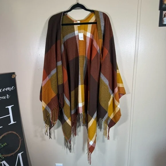 NWT Cato Plaid Open Front Fringe Shawl Wrap One Size - Picture 1 of 4